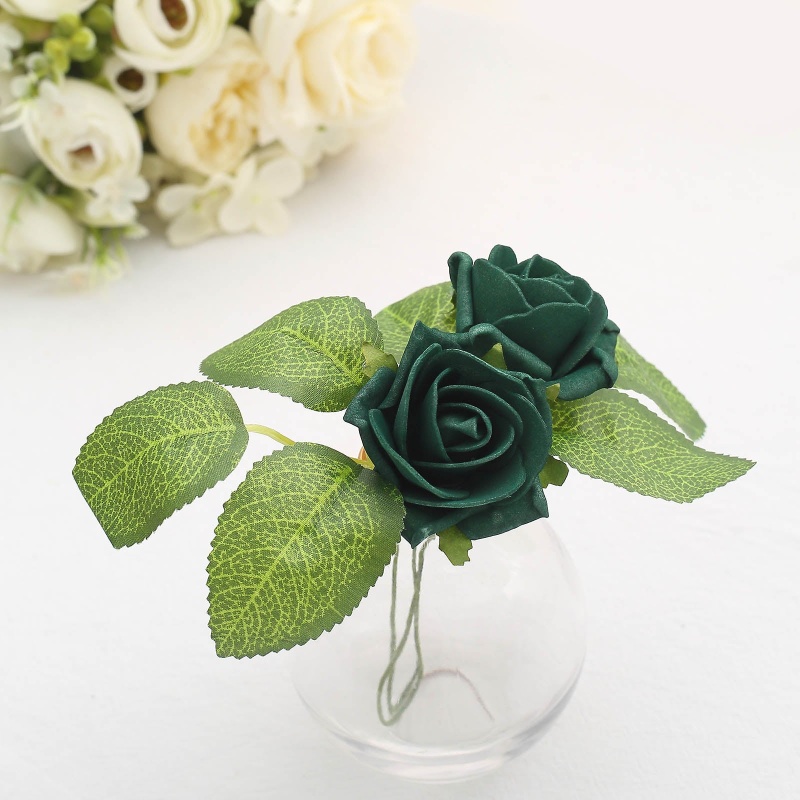 24 Roses  5 Hunter Emerald Green Artificial Foam Flowers Stem Leaves