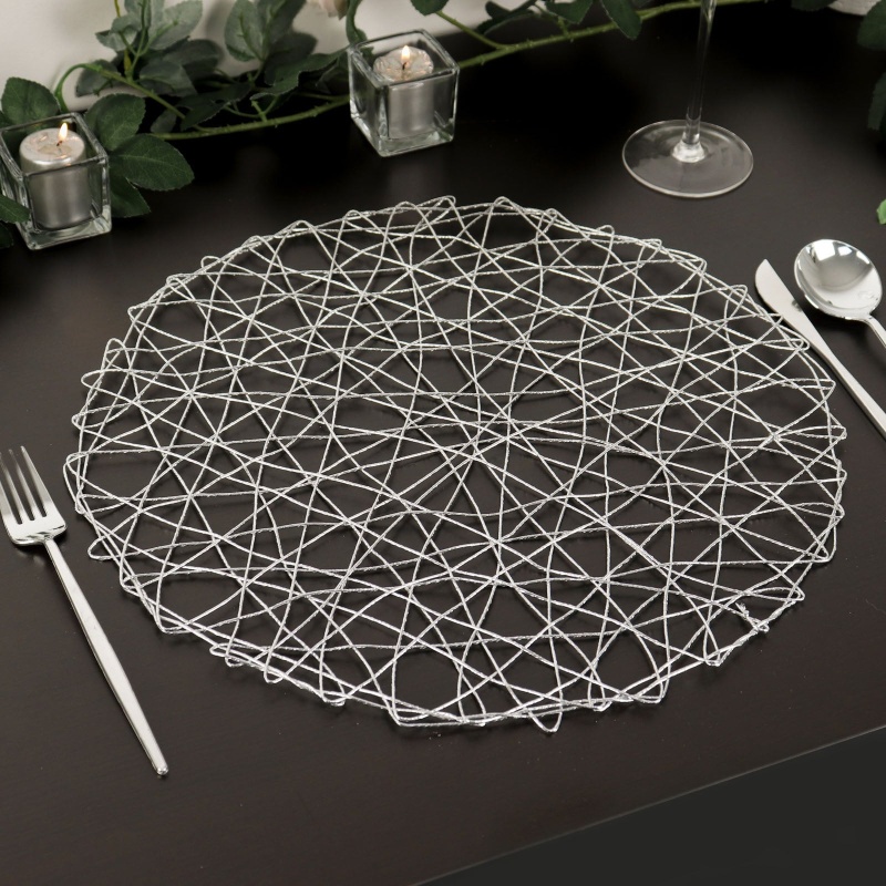 6 Pack Silver Metallic String Woven Placemats, Round Table Mats 15