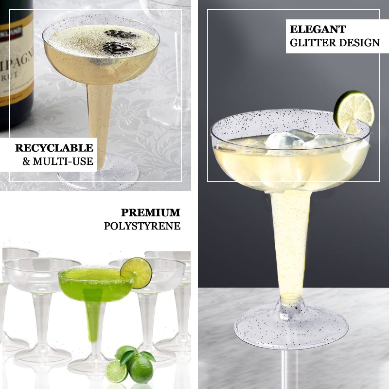 12 Pack 3Oz Gold Glittered Clear Plastic Coupe Cocktail Glasses