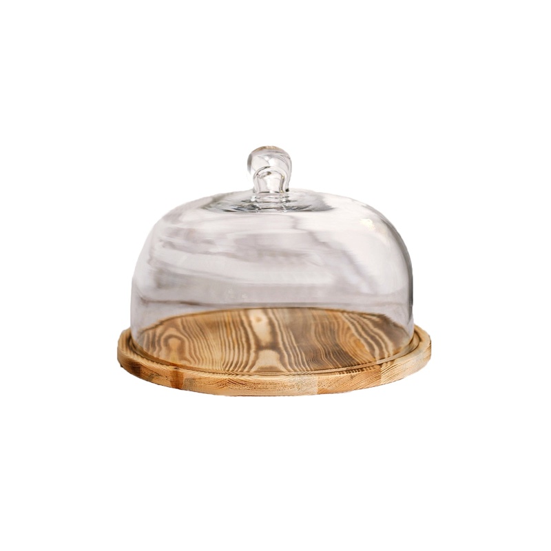 Glass and Wood Slice Cake Stand, Cloche Bell Serving Plate, Dome Lid Cover  12