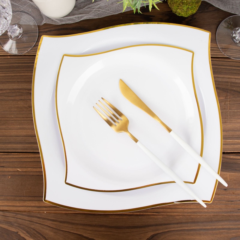 10 Pack White / Gold Wavy Rim Modern Square Plastic Dessert Plates, Disposable  Salad Appetizer Party Plates 8 in 2023