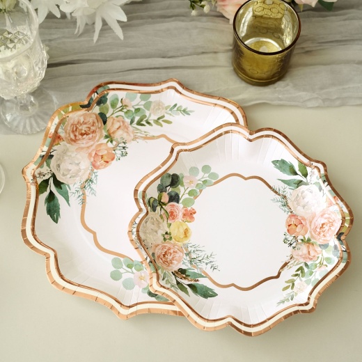 25 White Round Disposable Paper Plates with Rose Gold Polka Dots 7