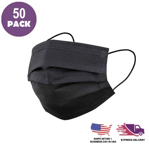 Black Disposable Face Masks, 3-ply Breathable Masks, Elastic Ear Loop Mask  - Black Color Pack of 100
