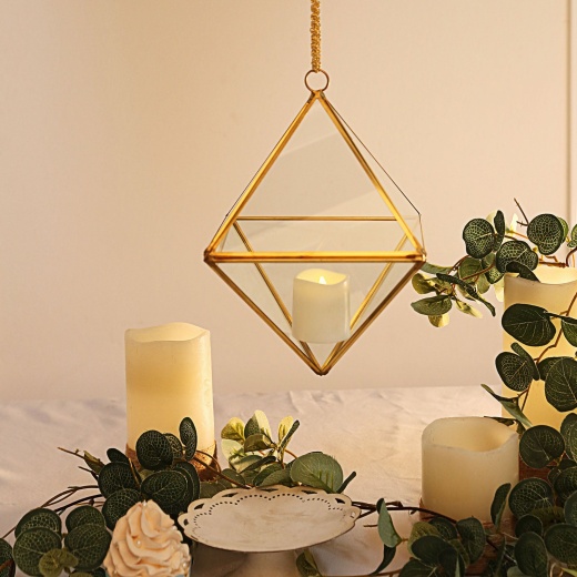 Set of 2 Gold Geometric Terrarium Tealight Candle Holders for