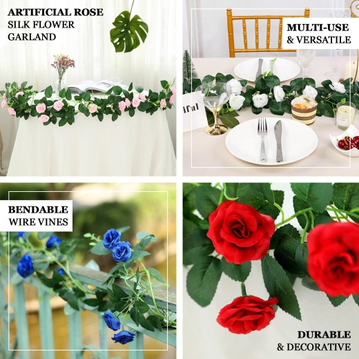 Artificial Rose Vine Flowers with Green Leaves 6ft Fake Silk Rose