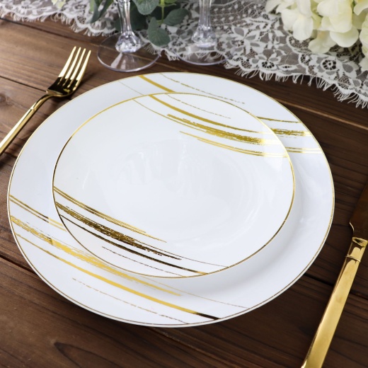 10 Pack White And Gold Brush Stroked Round Plastic Dessert Plates,  Disposable Appetizer Salad Party Plates 7