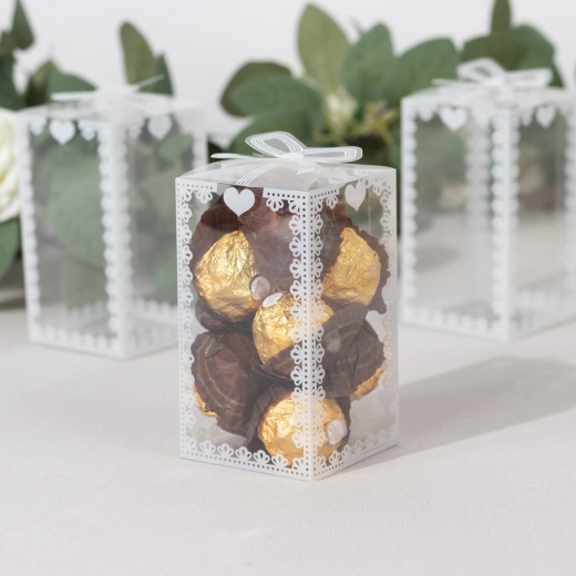 25 Pack Clear Rectangle Party Favor Boxes With Bowknot And White Lace  Pattern, 4 Transparent Plastic Candy Gift Boxes - 2X2x4