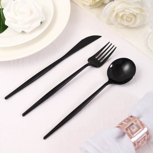 24 Pack Black Sleek Modern Plastic Silverware Set, Premium Disposable  Knife, Spoon & Fork Set 8
