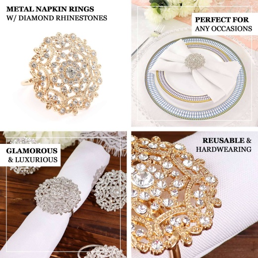 Diamond Rhinestone Gold Metal Flower Napkin Rings