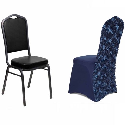 Navy Blue Satin Rosette Spandex Stretch Banquet Chair Cover, Fitted Chair  Cover