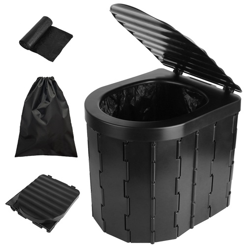 Lakeforest Foldable Emergency Toilet Portable Porta Potty For Car Travel Camping Boating Hiking Cleanable Travel Commode With Lid Carry Bag 1 Roll Garbage Bags