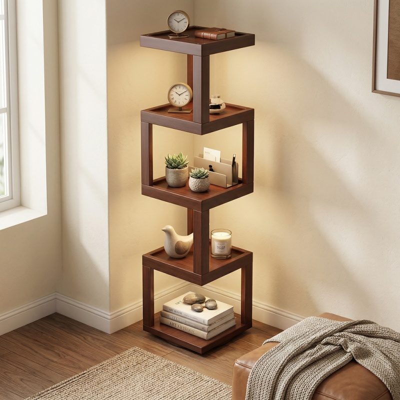 Mid-Century Style 4-Tier Revolving Bookshelf – 360° Rotating Corner Shelf