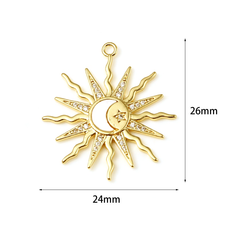 Copper Galaxy Charms Sun 18K Real Gold Plated Moon Micro Pave Clear Rhinestone 26Mm X 24Mm, 1 Piece