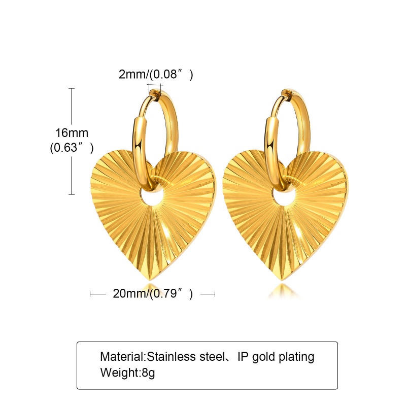Hypoallergenic Simple & Casual Stylish 18K Real Gold Plated 304 Stainless Steel Heart Streak Earrings For Women Party 3.2Cm X 2Cm, 1 Pair