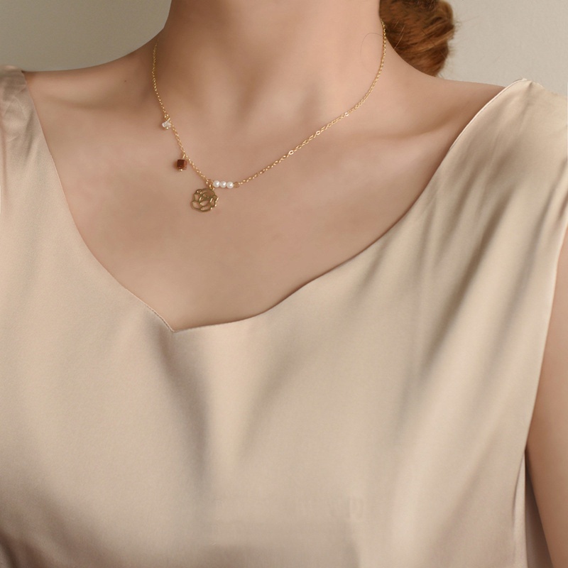 Eco-Friendly Stylish Retro 14K Real Gold Plated Copper Link Cable Chain Rose Flower Imitation Pearl Pendant Necklace For Women Party 38Cm(15") Long, 1 Piece