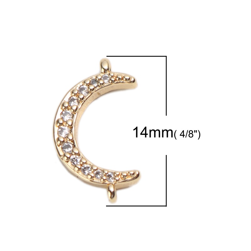 Copper Connectors Half Moon 18K Real Gold Plated Clear Rhinestone 14Mm X 8Mm, 2 Pcs