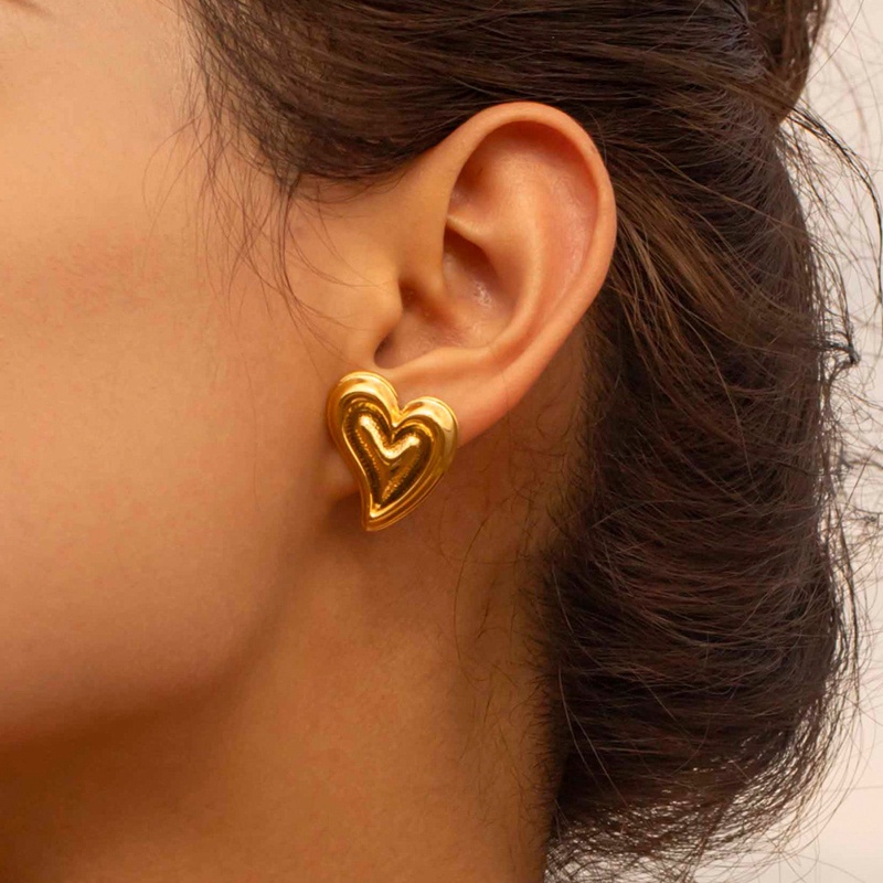 1 Pair Eco-Friendly Vacuum Plating Retro Hammered 18K Real Gold Plated 304 Stainless Steel Heart Ear Post Stud Earrings For Women Party 2.2Cm X 2Cm