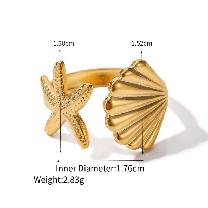 Eco-Friendly Vacuum Plating Stylish Ocean Jewelry 18K Real Gold Plated 304 Stainless Steel Open Star Fish Shell Rings For Women Party 17Mm(Us Size 6.5), 1 Piece