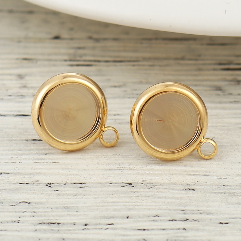 Copper Cabochon Settings Ear Post Stud Earrings Round 18K Real Gold Plated (Fit 8Mm Dia.) 13Mm X 10Mm, Post/ Wire Size: (20 Gauge), 4 Pcs