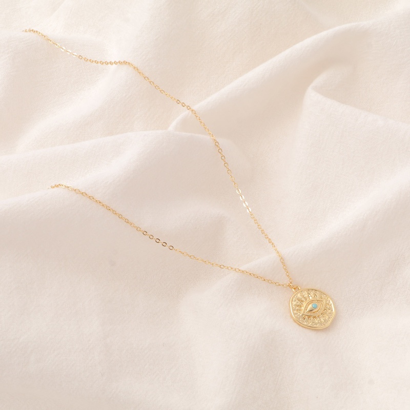 Eco-Friendly Exquisite Religious 14K Gold Color Copper Link Cable Chain Round Evil Eye Pendant Necklace For Women 45Cm(17 6/8") Long, 1 Piece