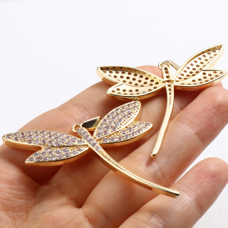Copper Insect Pendants Dragonfly Animal 18K Real Gold Plated Micro Pave Clear Rhinestone 58Mm X 43Mm, 1 Piece