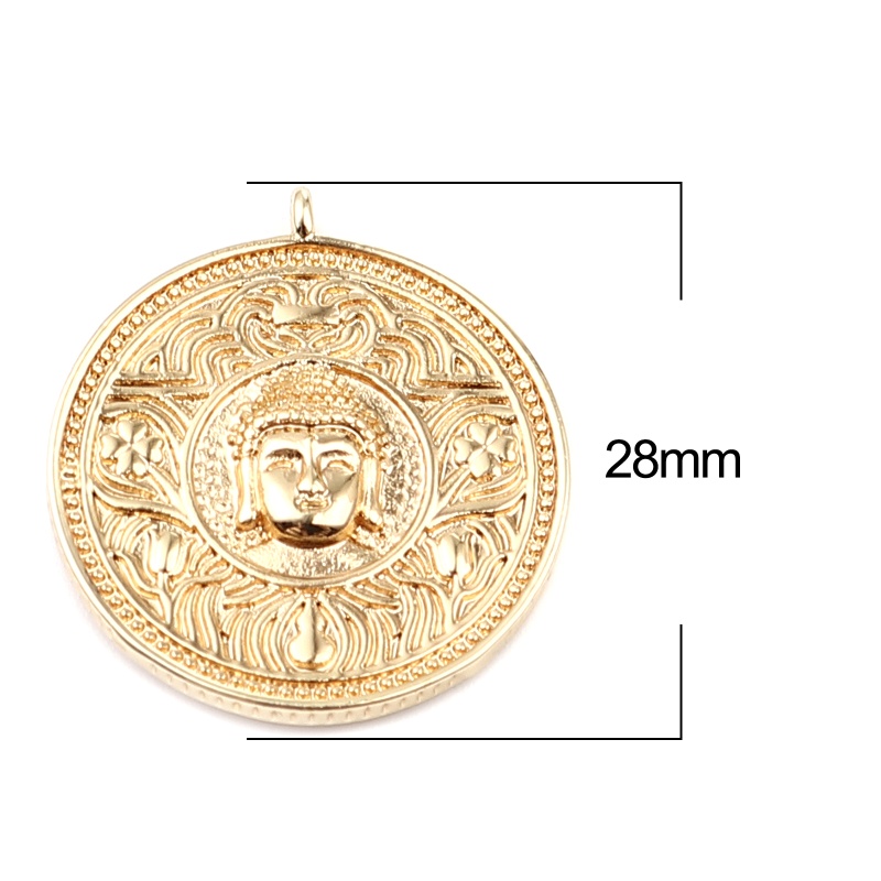 Copper Religious Charms 18K Real Gold Plated Round Buddha Statue 28Mm X 25Mm, 2 Pcs