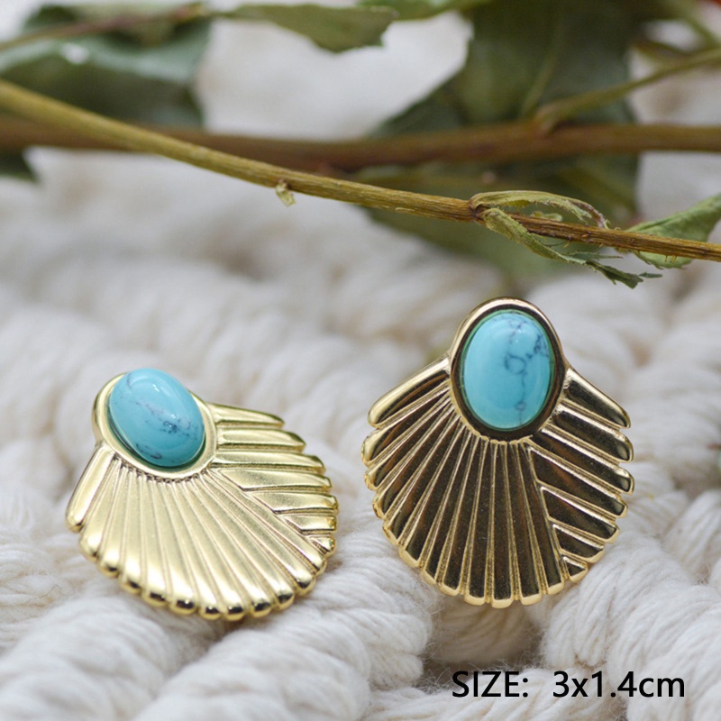 Eco-Friendly Stylish Boho Chic Bohemia 14K Real Gold Plated 304 Stainless Steel & Stone Fan-Shaped Ear Post Stud Earrings For Women 1.4Cm X 1.4Cm, 1 Pair