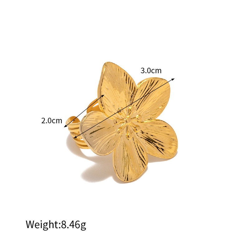 Eco-Friendly Retro Stylish 18K Real Gold Plated 304 Stainless Steel Open Adjustable Flower Rings For Women Party 20Mm(Us Size 10.25), 1 Piece