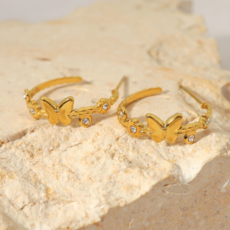 Hypoallergenic Simple & Casual Stylish 14K Real Gold Plated 304 Stainless Steel & Rhinestone C Shape Butterfly Hoop Earrings For Women Party 19Mm Dia., 1 Pair