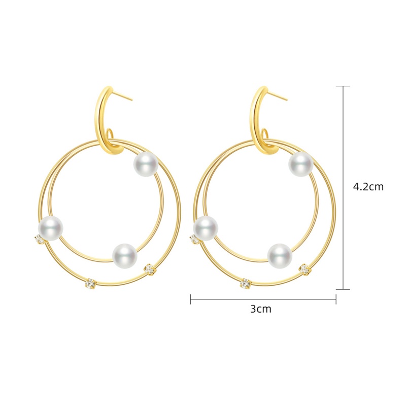 Eco-Friendly Dainty Stylish 14K Real Gold Plated 304 Stainless Steel Bicyclic Imitation Pearl Earrings For Women 4.2Cm X 3Cm, 1 Pair