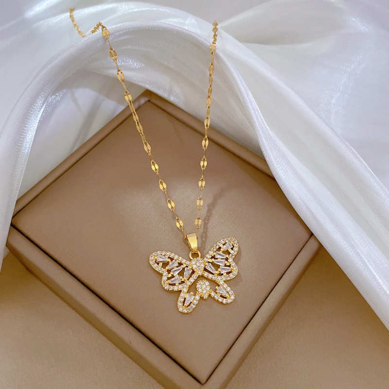 Eco-Friendly Natural Pastoral Stylish 18K Gold Color Copper & Stainless Steel Lips Chain Butterfly Animal Pendant Necklace For Women 40Cm(15 6/8") Long, 1 Piece