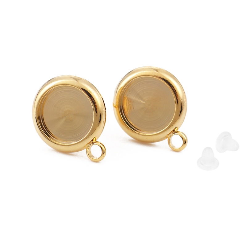 Copper Cabochon Settings Ear Post Stud Earrings Round 18K Real Gold Plated (Fit 8Mm Dia.) 13Mm X 10Mm, Post/ Wire Size: (20 Gauge), 4 Pcs