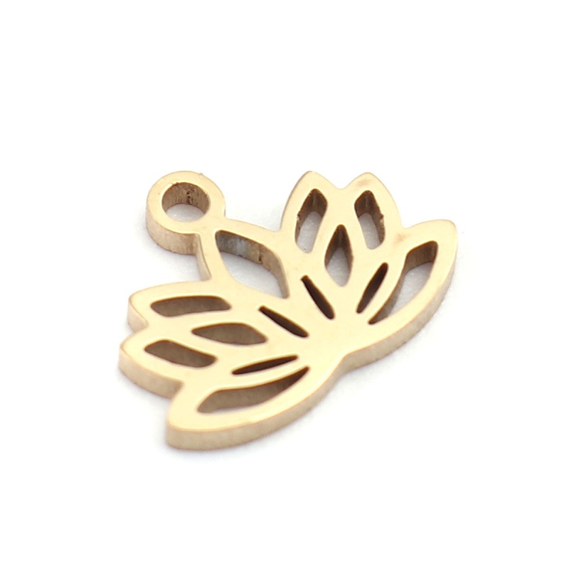 304 Stainless Steel Religious Charms 18K Real Gold Plated Lotus Flower Hollow 10Mm X 8Mm, 2 Pcs