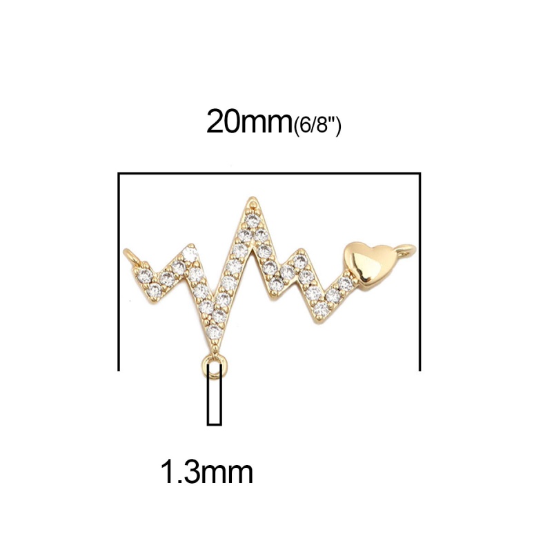 Copper Connectors Heart 18K Real Gold Plated Heartbeat/ Electrocardiogram Clear Rhinestone 20Mm X 13Mm, 2 Pcs