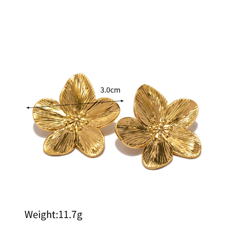 Hypoallergenic Stylish Retro 18K Real Gold Plated 304 Stainless Steel Flower Ear Post Stud Earrings For Women Party 3Cm X 3Cm, 1 Pair