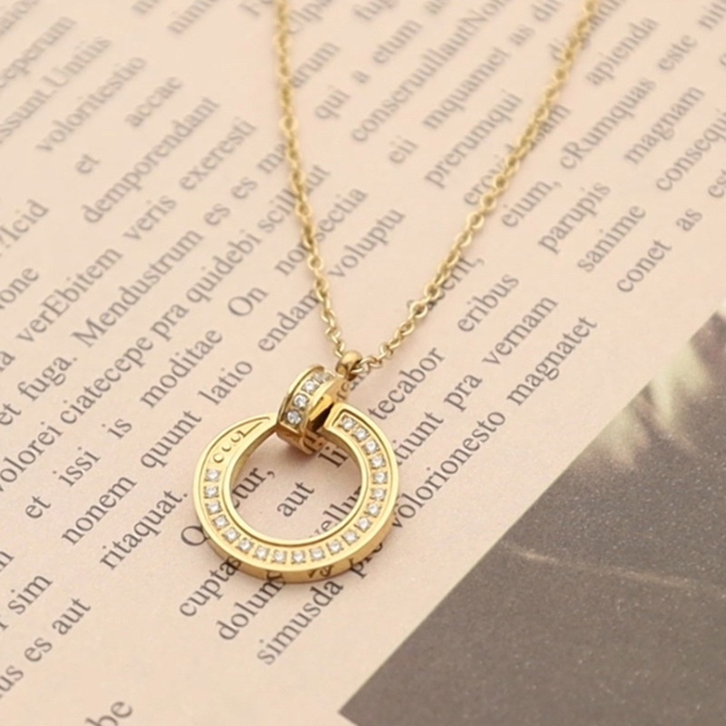 Eco-Friendly Stylish 18K Gold Color Stainless Steel & Cubic Zirconia Link Cable Chain Circle Ring Pendant Necklace 40Cm(15 6/8") Long, 1 Piece