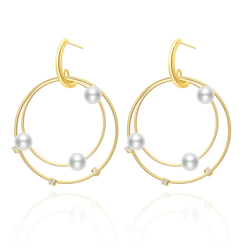 Eco-Friendly Dainty Stylish 14K Real Gold Plated 304 Stainless Steel Bicyclic Imitation Pearl Earrings For Women 4.2Cm X 3Cm, 1 Pair