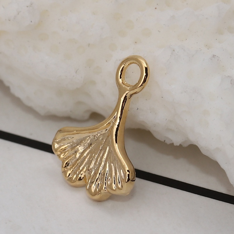 Copper Charms Gingko Leaf 18K Real Gold Plated 11Mm( 3/8") X 8Mm( 3/8"), 5 Pcs