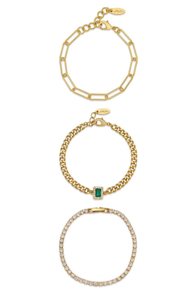 Emerald Pop Trio 18K Gold Plated Bracelet Set, Material: Green Crystals