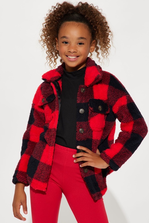 Mini Check You Out Sherpa Shacket - Red/Black