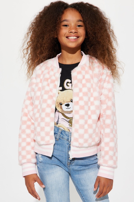 Mini The Checkered Life Faux Fur Bomber Jacket - Pink