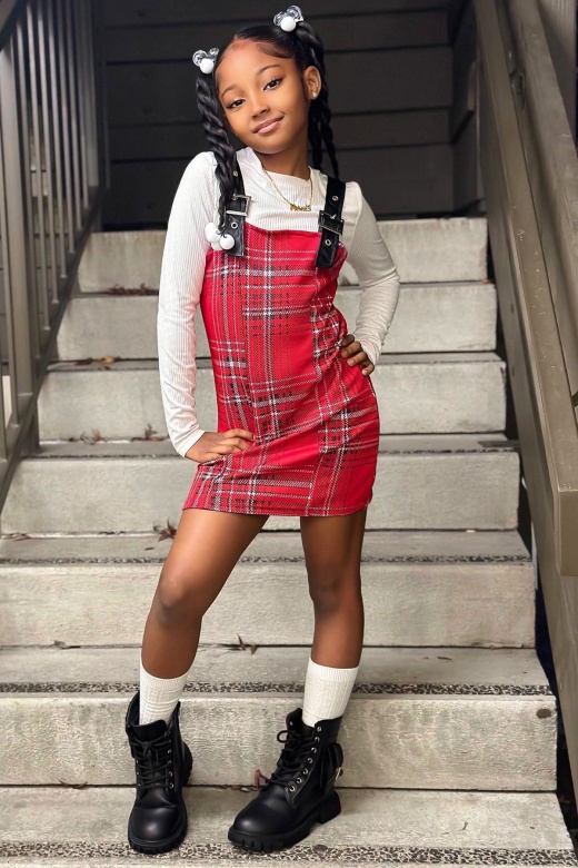 Mini Dorsey Plaid Overall Dress Set - Red/Combo