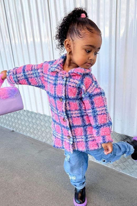 Mini Sherpa Plaid Shacket - Pink/Combo