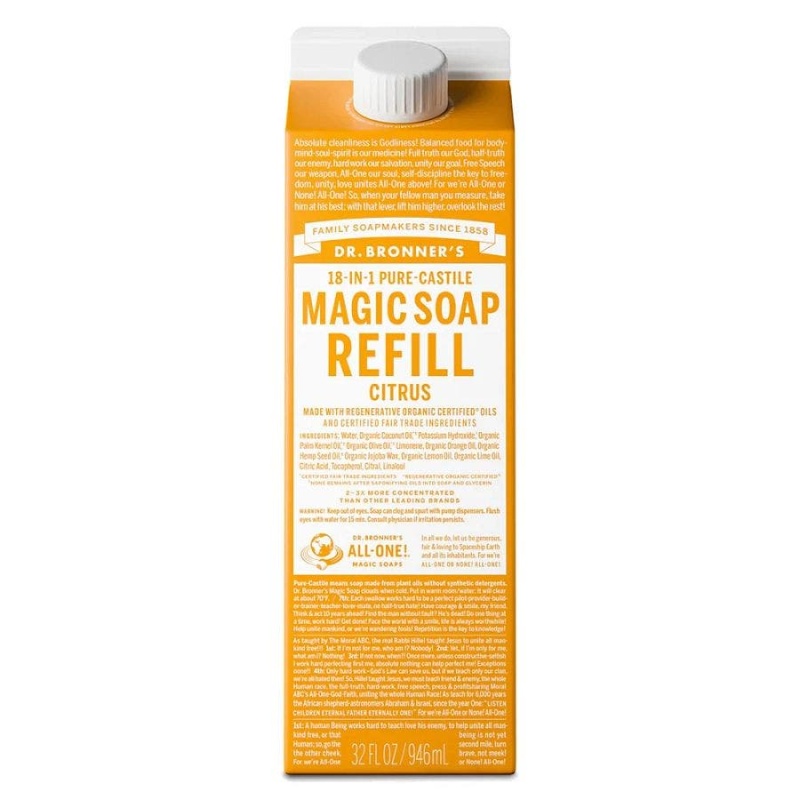 Dr. Bronner's 18-In-1 Pure-Castile Citrus Magic Soap 32 Fl. Oz. Refill Carton