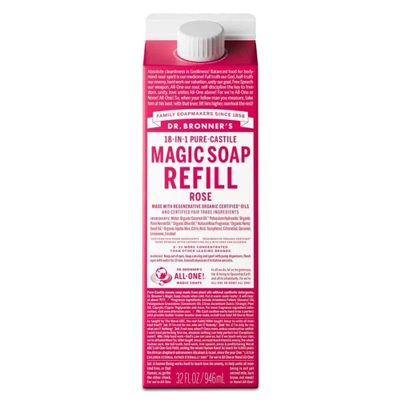 Dr. Bronner's 18-In-1 Pure-Castile Rose Magic Soap 32 Fl. Oz. Refill Carton