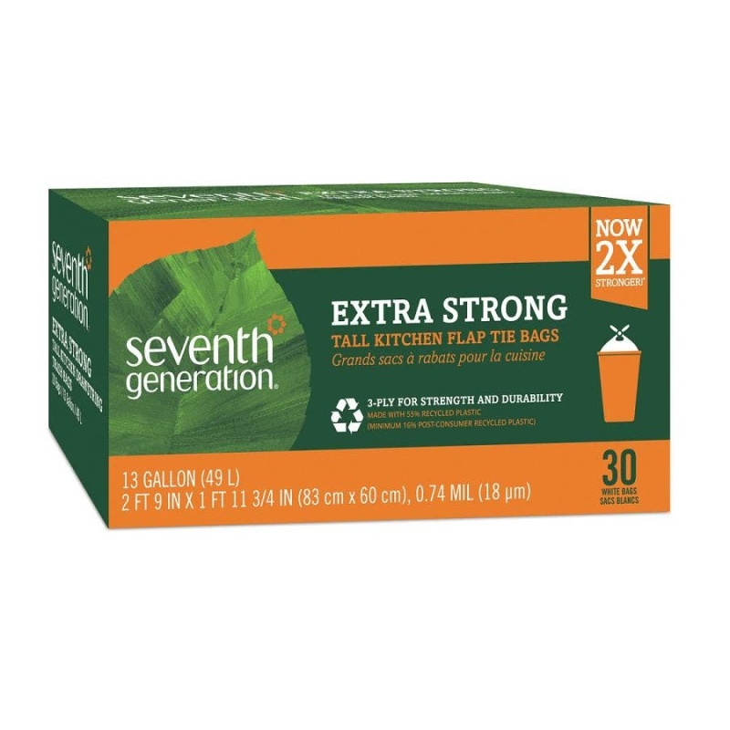 Seventh Generation Extra Strong Tall Kitchen Flap Tie 13 Gallon Trash Bags 30 Count