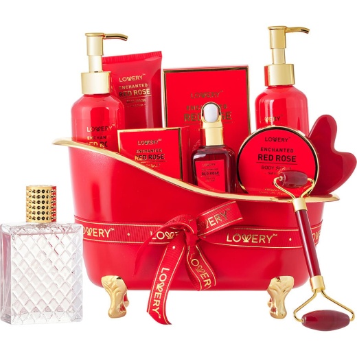 Lovery Red Rose Eau De Parfum Spray 2.5 Oz & Shower Gel 5 Oz & Bubble Bath 5 Oz & Body Scrub 1.69 Oz & Bath Salt 3.5 Oz & Mud Mask 3.38 Oz Bath Oil 1 Oz & Face Roller & Gua Sha Stone & Red Tub & Gift Note