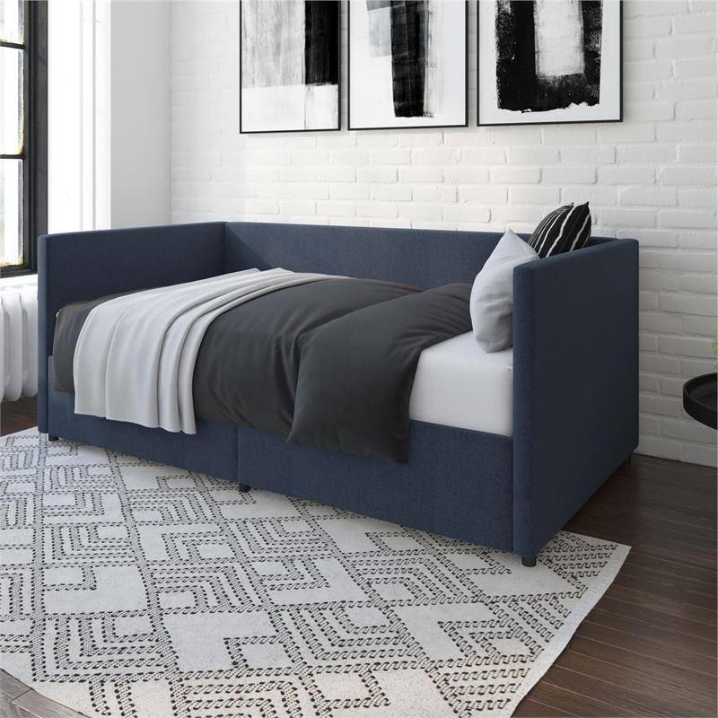 Navy Blue Linen Upholstered Daybed With PullOut Storage Drawers