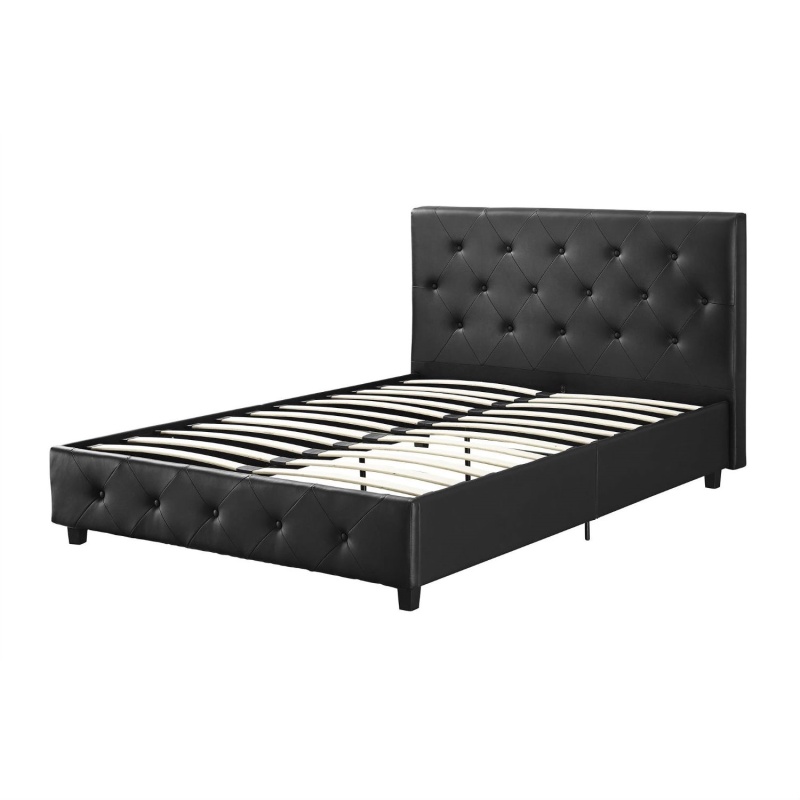 Queen Size Black Faux Leather Upholstered Platform Bed With Button Tufted Headboard