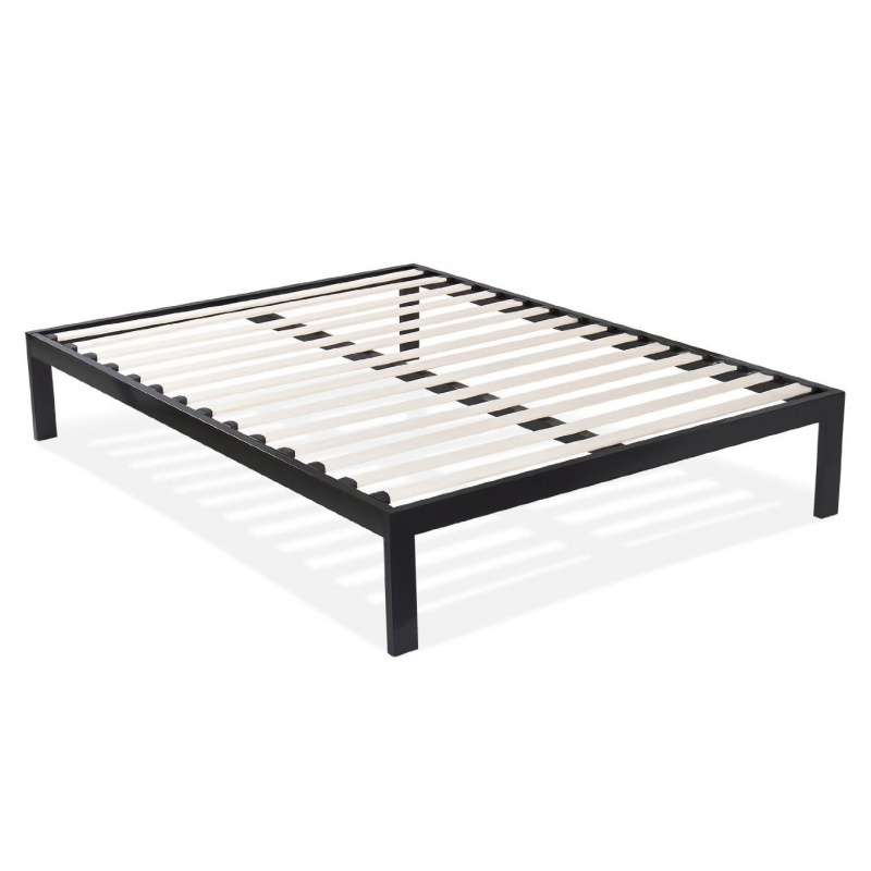 Queen Size Modern Black Metal Platform Bed Frame With Wood Slats